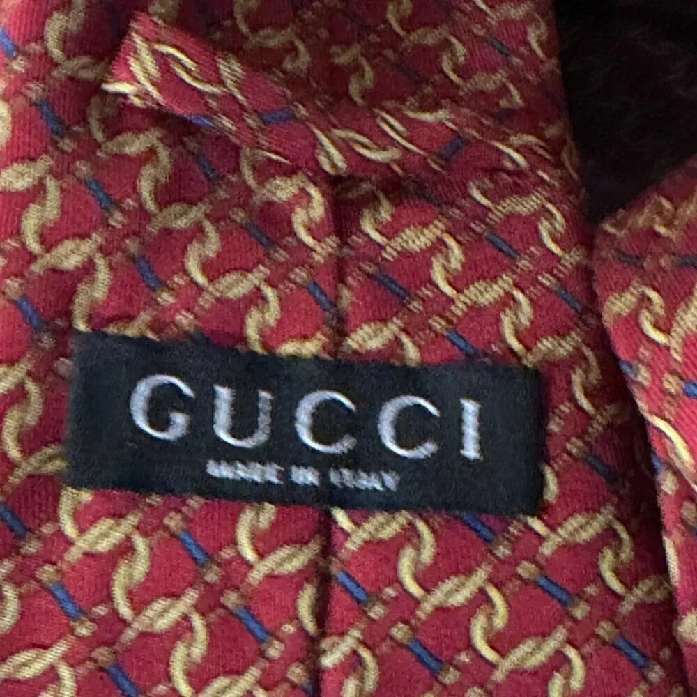 Gucci Logo Silk Tie Silver Red Gold Chain Plaid Chains Euc Mint Mens Man's Gift